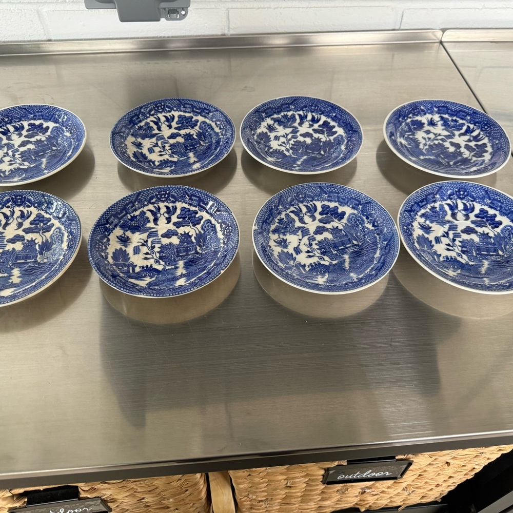 Antique Blue Willow Tea Cup Saucer Hors d'oeuvre Plate Japan Black Ink  5 5/8"